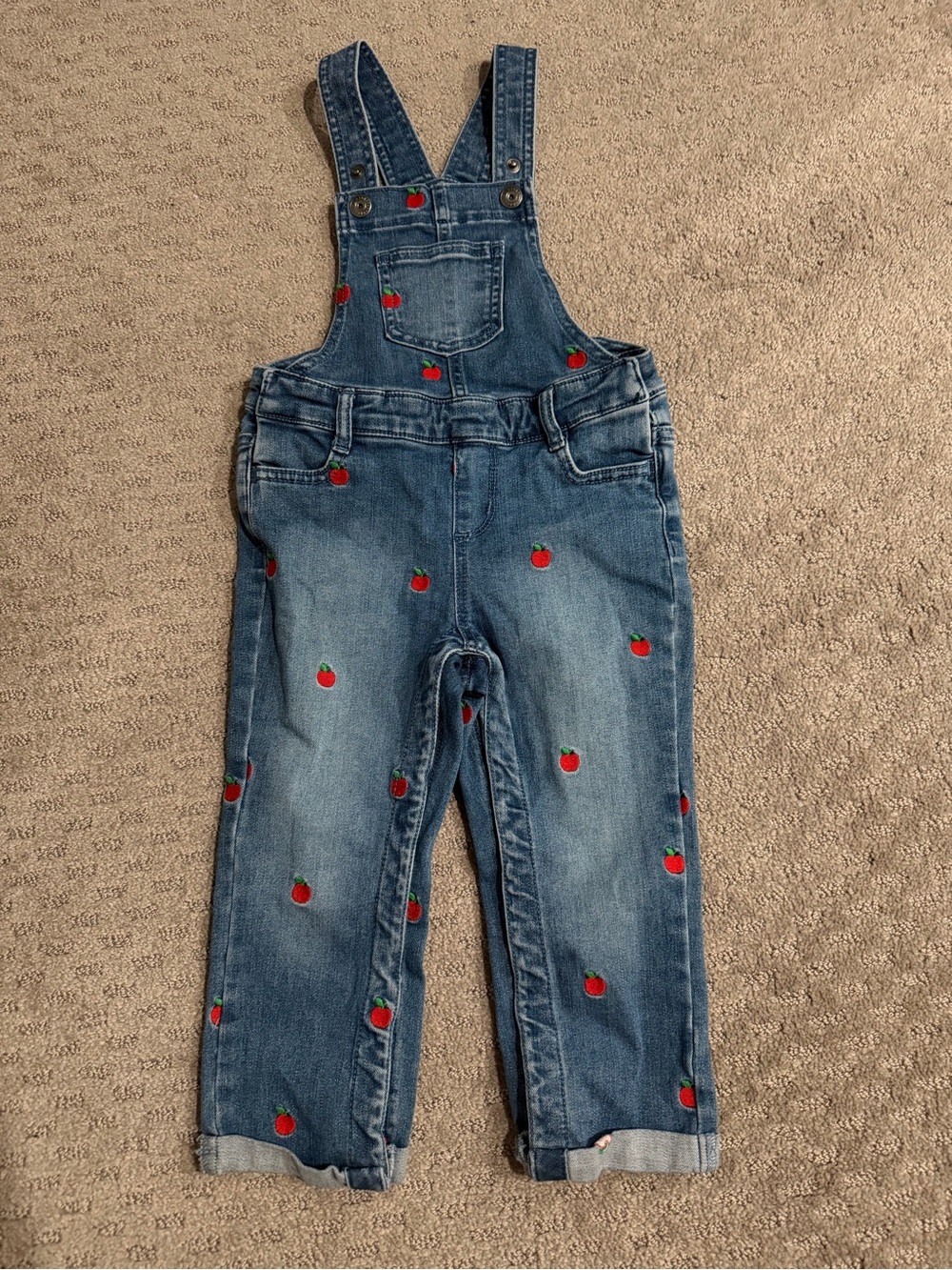 Girls' Blue Denim Overalls with Red Apple Embroidery